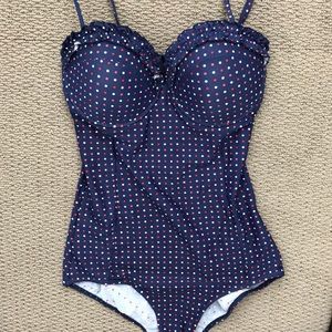 Down east basics retro swimsuit navy polkadots